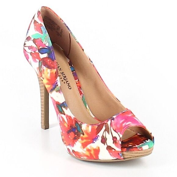 CHRISTIAN SIRIANO PEEP TOE HIGH HEEL STILETTO MULTI-COLOR FLORAL DETAILS PUMP - Picture 1 of 14